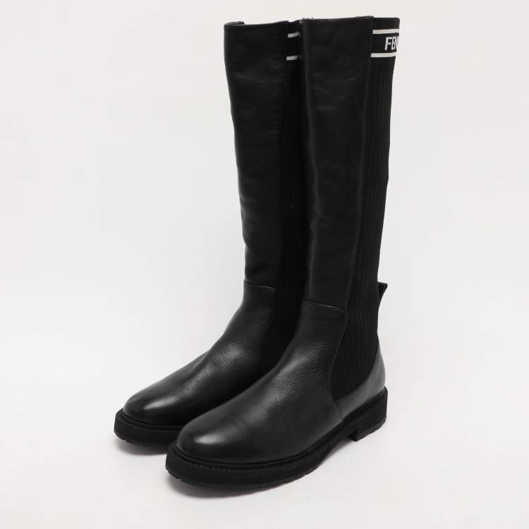 مملوكة مسبقًا Fendi Black Leather and Stretch Fabric Logo Rockoko Calf Length Boots Size 40