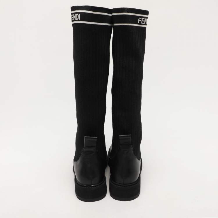 مملوكة مسبقًا Fendi Black Leather and Stretch Fabric Logo Rockoko Calf Length Boots Size 40