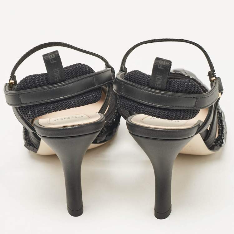 مملوكة مسبقًا Fendi Black Leather and Sequins Colibri Slingback Pumps Size 36