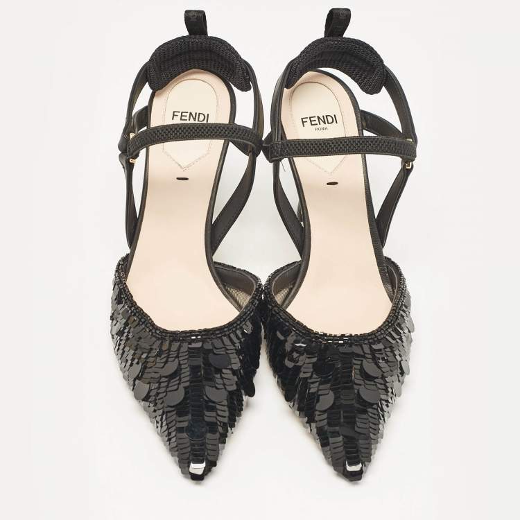 مملوكة مسبقًا Fendi Black Leather and Sequins Colibri Slingback Pumps Size 36