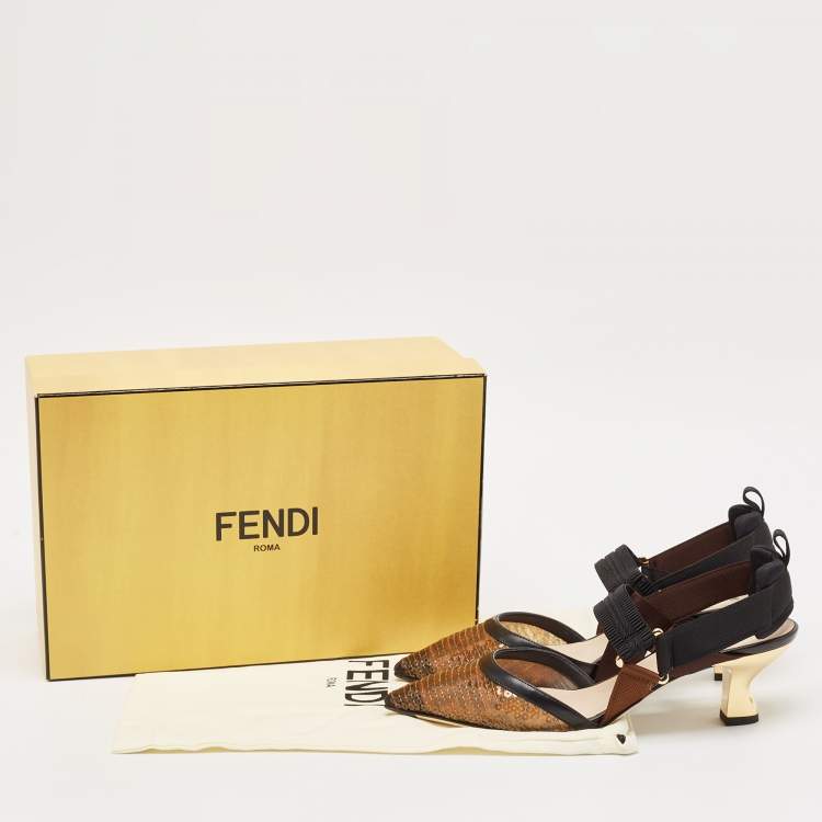 Pre Owned Fendi Brown/Black Zucca Sequins and Fabric Colibri Slingback Pumps Size 39