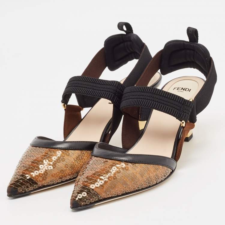 Pre Owned Fendi Brown/Black Zucca Sequins and Fabric Colibri Slingback Pumps Size 39