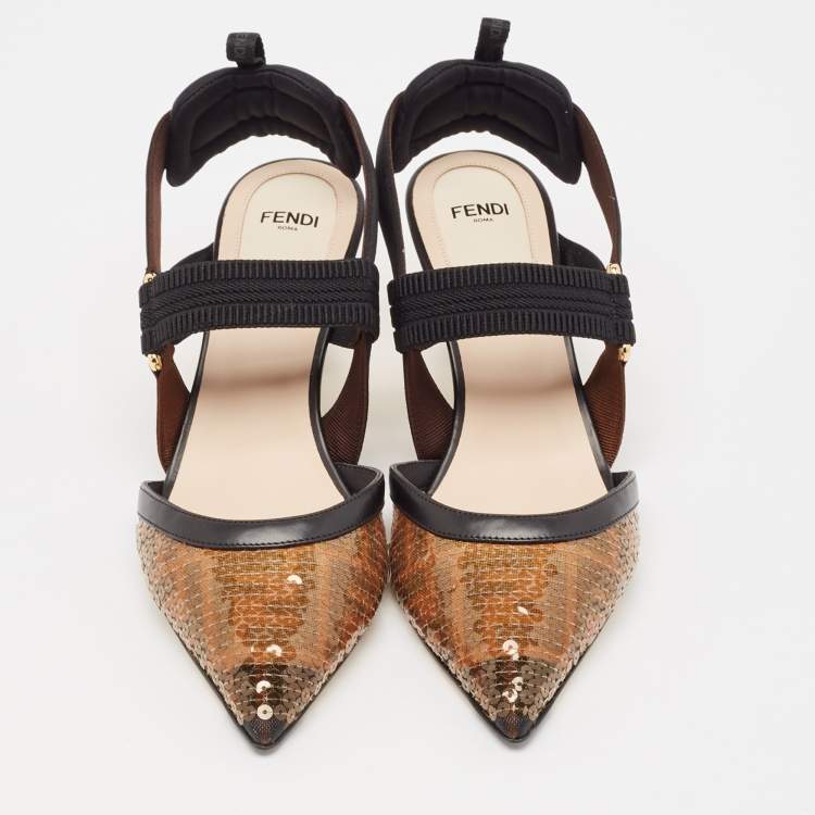 Pre Owned Fendi Brown/Black Zucca Sequins and Fabric Colibri Slingback Pumps Size 39