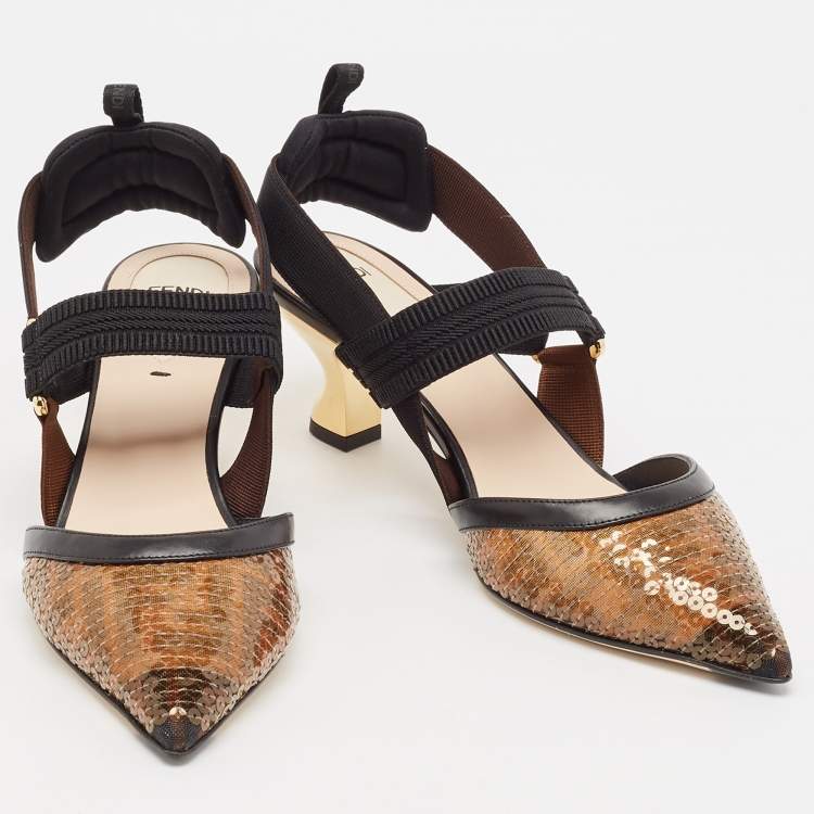 Pre Owned Fendi Brown/Black Zucca Sequins and Fabric Colibri Slingback Pumps Size 39