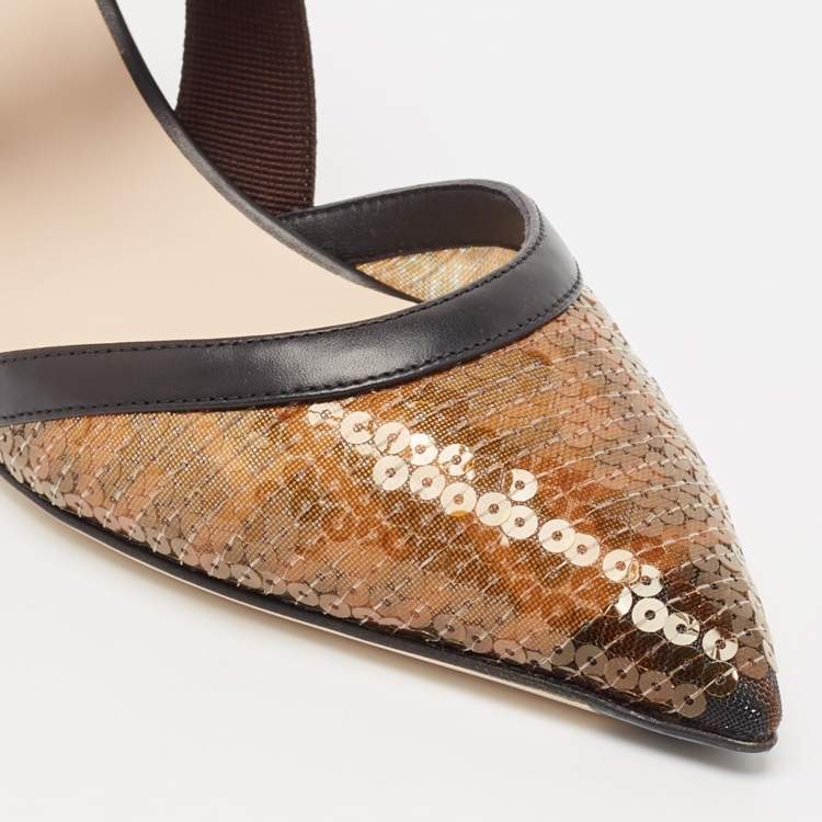 Pre Owned Fendi Brown/Black Zucca Sequins and Fabric Colibri Slingback Pumps Size 39