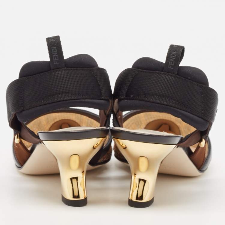 Pre Owned Fendi Brown/Black Zucca Sequins and Fabric Colibri Slingback Pumps Size 39