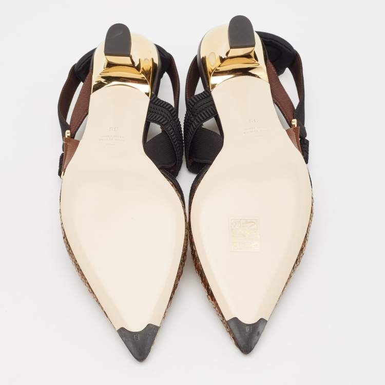 Pre Owned Fendi Brown/Black Zucca Sequins and Fabric Colibri Slingback Pumps Size 39