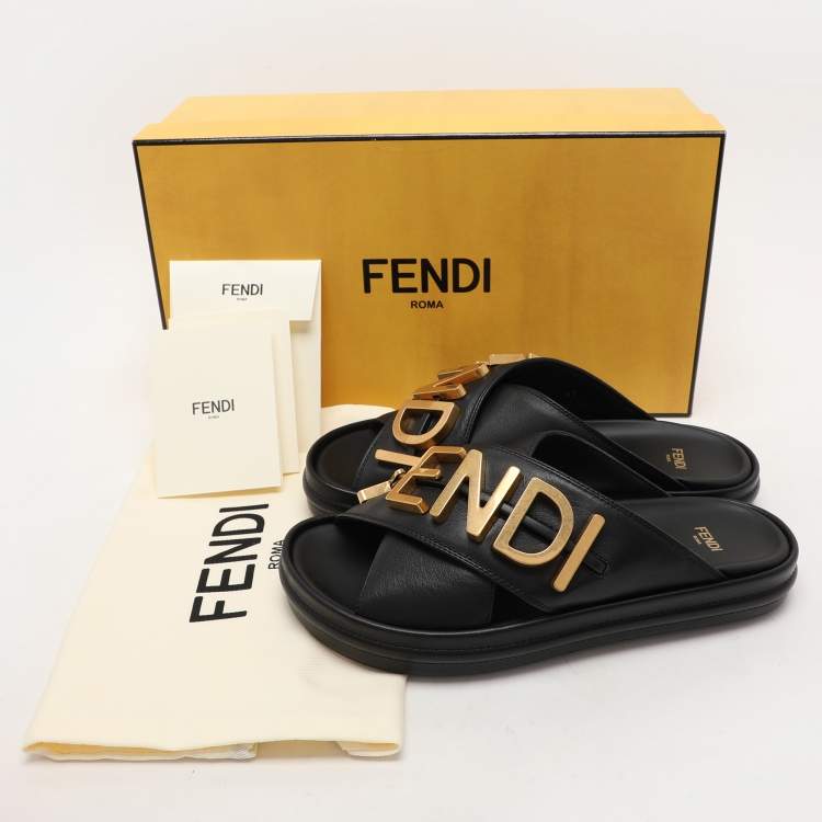 Pre Owned Fendi Black Leather Fendigraphy Flat Slide Sandals Size 37