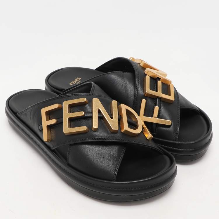 Pre Owned Fendi Black Leather Fendigraphy Flat Slide Sandals Size 37