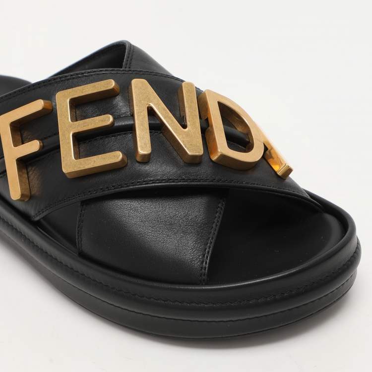 Pre Owned Fendi Black Leather Fendigraphy Flat Slide Sandals Size 37