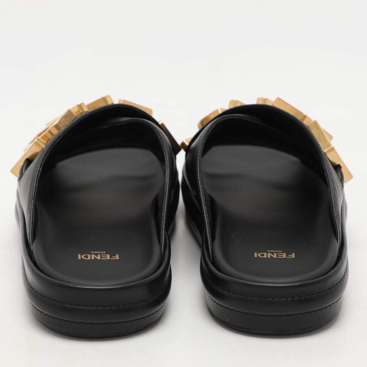 Pre Owned Fendi Black Leather Fendigraphy Flat Slide Sandals Size 37