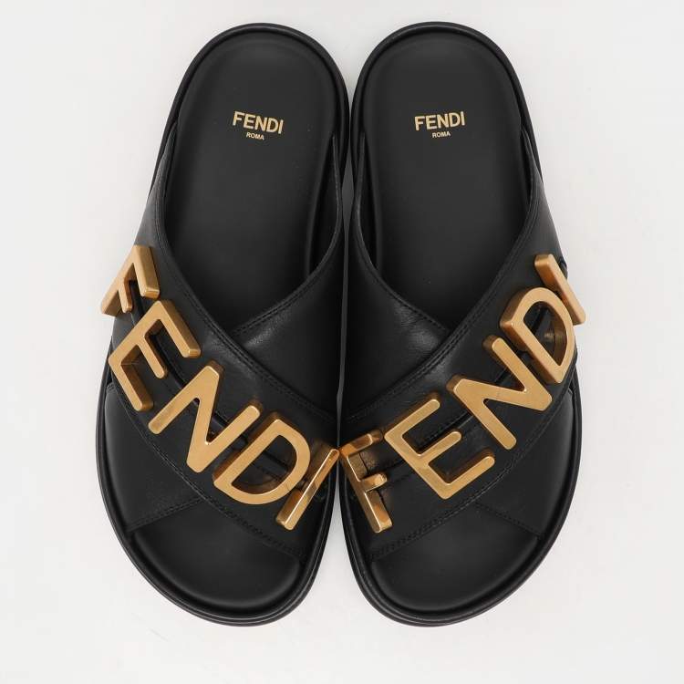 Pre Owned Fendi Black Leather Fendigraphy Flat Slide Sandals Size 37