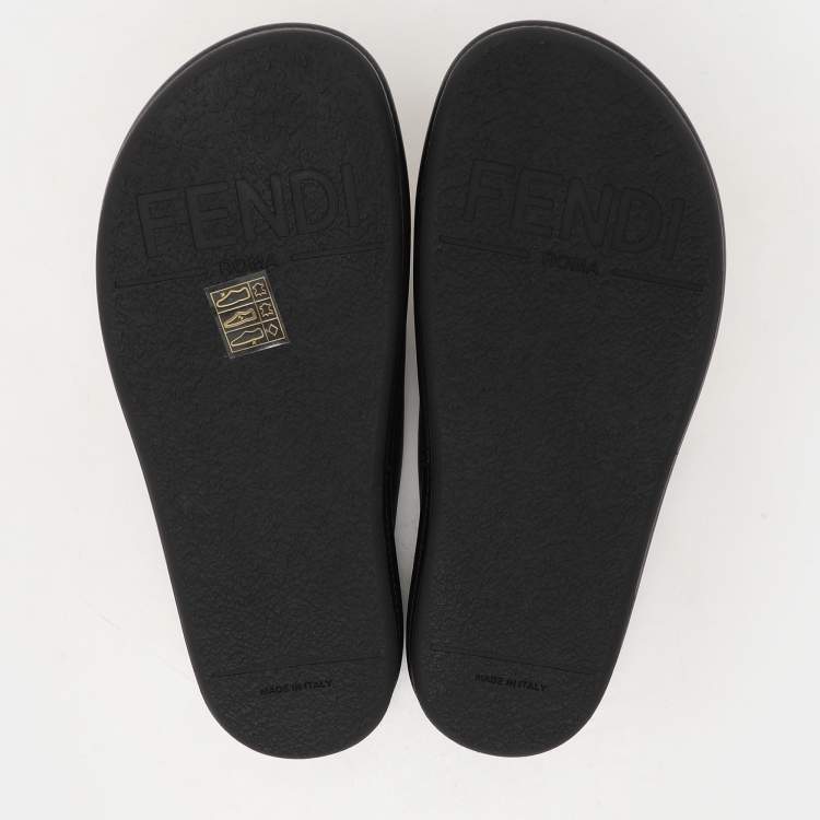 Pre Owned Fendi Black Leather Fendigraphy Flat Slide Sandals Size 37