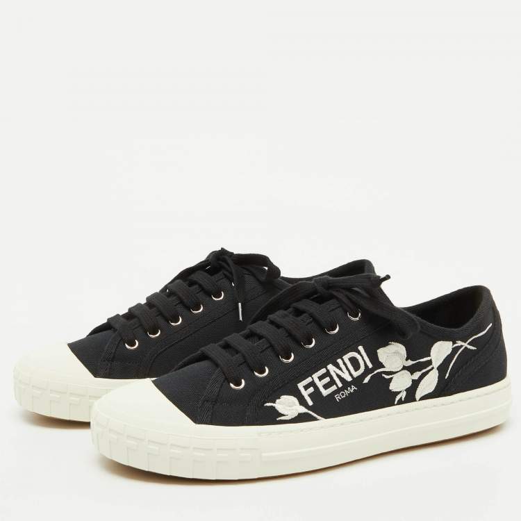 Pre Owned Fendi Black Canvas Domino Lace Up Sneakers Size 40