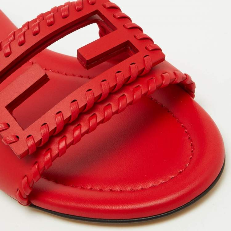 Pre Owned Fendi Red Leather Baguette Slide Sandals Size 37.5