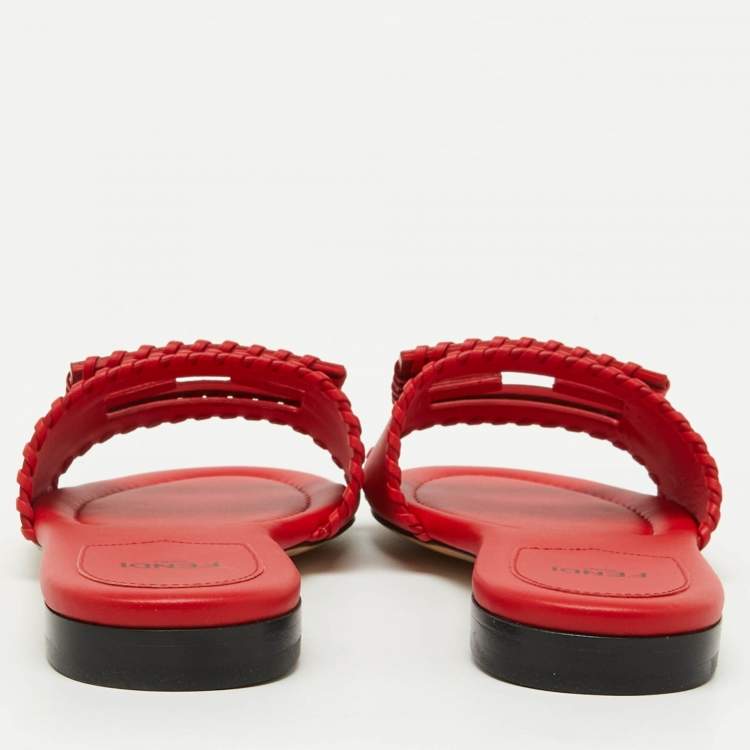 Pre Owned Fendi Red Leather Baguette Slide Sandals Size 37.5
