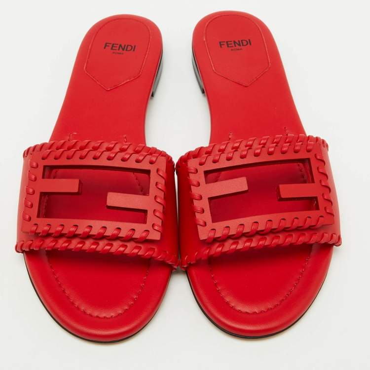 Pre Owned Fendi Red Leather Baguette Slide Sandals Size 37.5