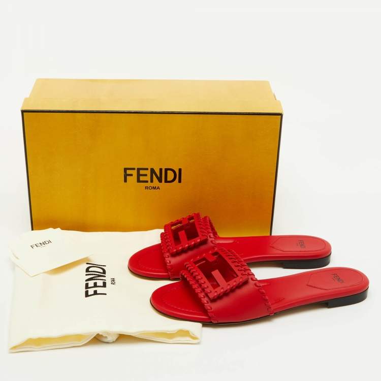 Pre Owned Fendi Red Leather Baguette Slide Sandals Size 37.5