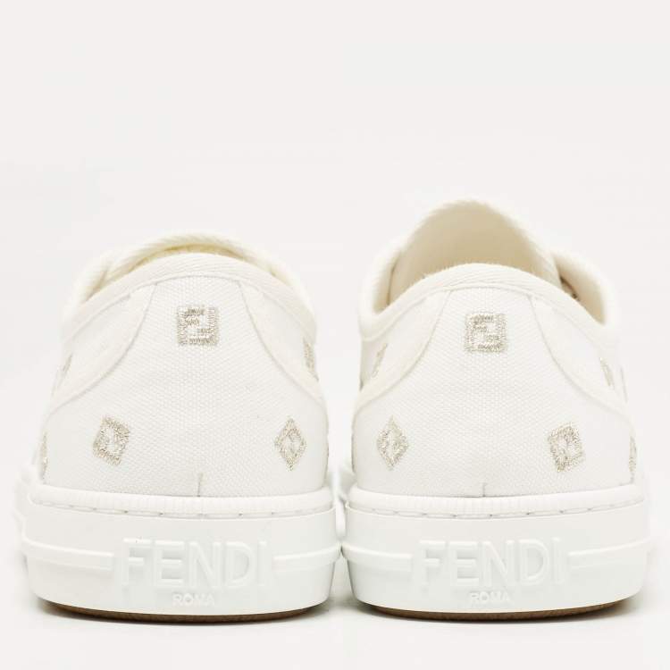 Pre Owned Fendi White Canvas FF Domino Logo Lace Up Sneakers Size 37