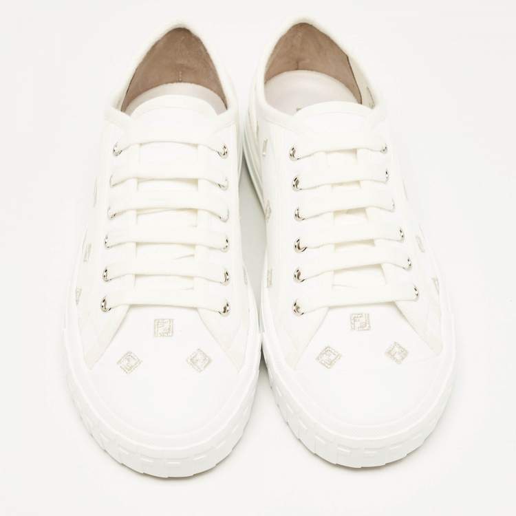Pre Owned Fendi White Canvas FF Domino Logo Lace Up Sneakers Size 37