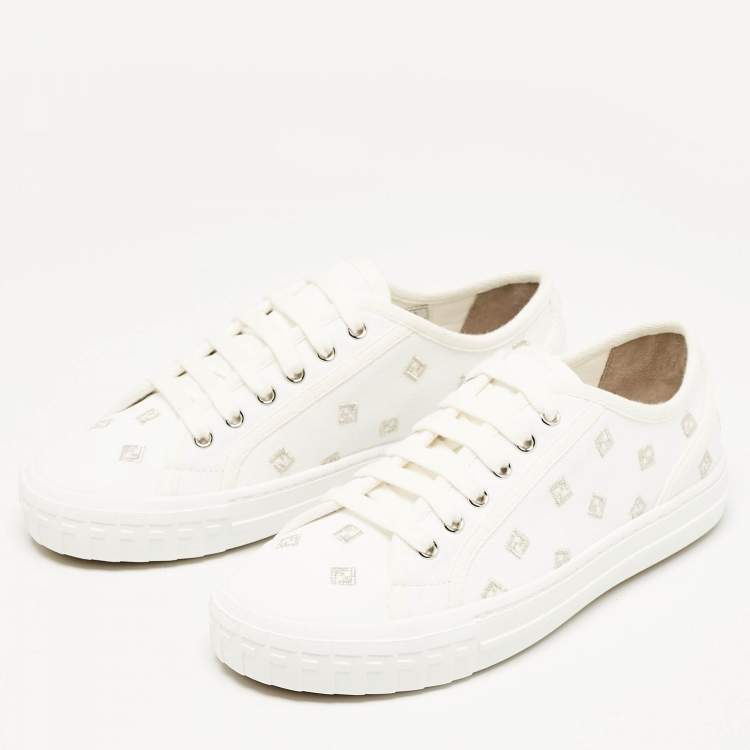Pre Owned Fendi White Canvas FF Domino Logo Lace Up Sneakers Size 37