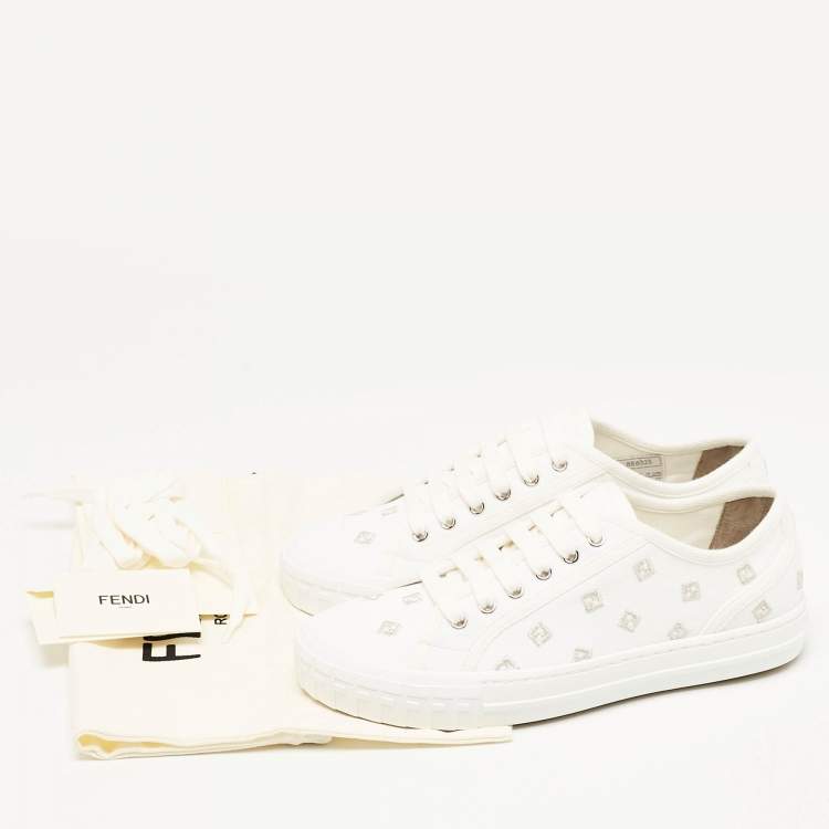 Pre Owned Fendi White Canvas FF Domino Logo Lace Up Sneakers Size 37