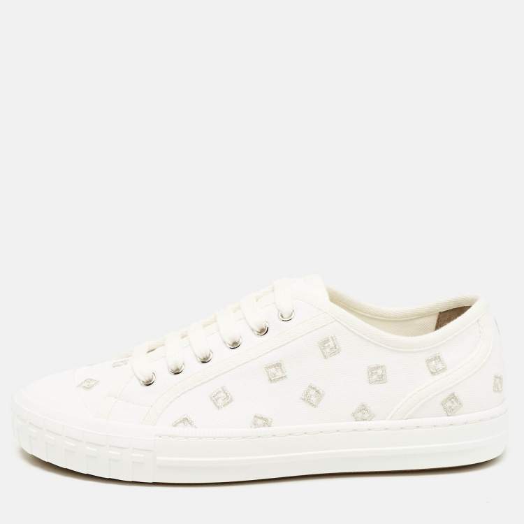 Pre Owned Fendi White Canvas FF Domino Logo Lace Up Sneakers Size 37