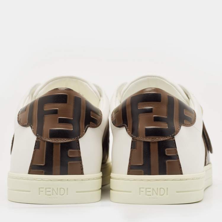 Pre Owned Fendi White/Brown Leather FF Buckle Low Top Sneakers Size 41