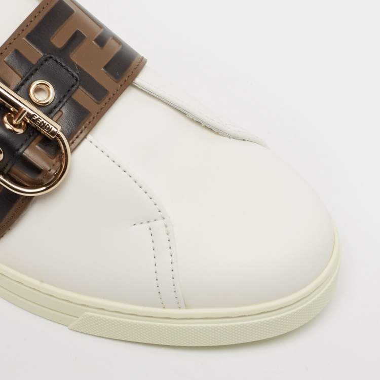 Pre Owned Fendi White/Brown Leather FF Buckle Low Top Sneakers Size 41