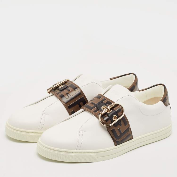 Pre Owned Fendi White/Brown Leather FF Buckle Low Top Sneakers Size 41