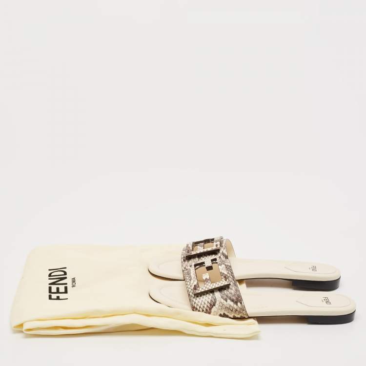 Pre Owned Fendi Beige/Cream Python Embossed Leather Baguette Flat Slides Size 38.5