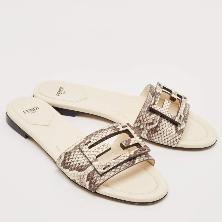 Pre Owned Fendi Beige/Cream Python Embossed Leather Baguette Flat Slides Size 38.5