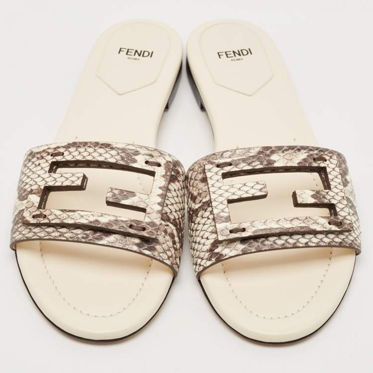 Pre Owned Fendi Beige/Cream Python Embossed Leather Baguette Flat Slides Size 38.5