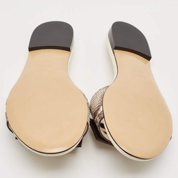 Pre Owned Fendi Beige/Cream Python Embossed Leather Baguette Flat Slides Size 38.5
