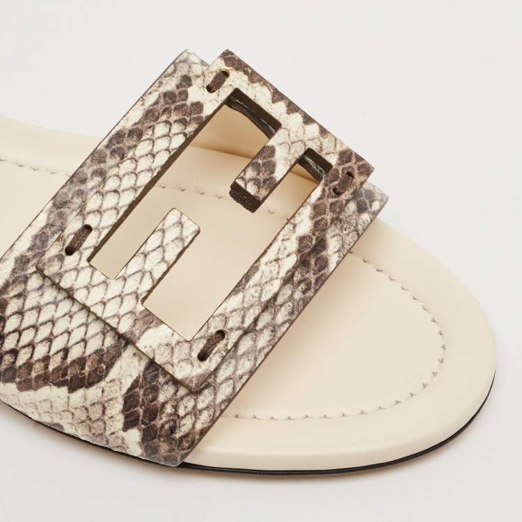Pre Owned Fendi Beige/Cream Python Embossed Leather Baguette Flat Slides Size 38.5