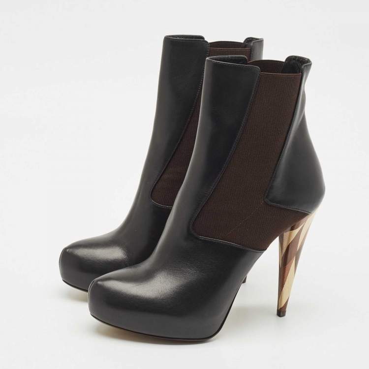 Pre Owned Fendi Black/Brown Leather and Stretch Fabric Platform Ankle Boots Size 40