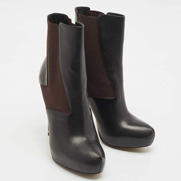 Pre Owned Fendi Black/Brown Leather and Stretch Fabric Platform Ankle Boots Size 40