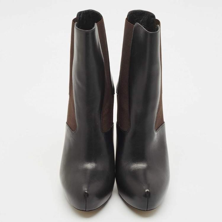 Pre Owned Fendi Black/Brown Leather and Stretch Fabric Platform Ankle Boots Size 40