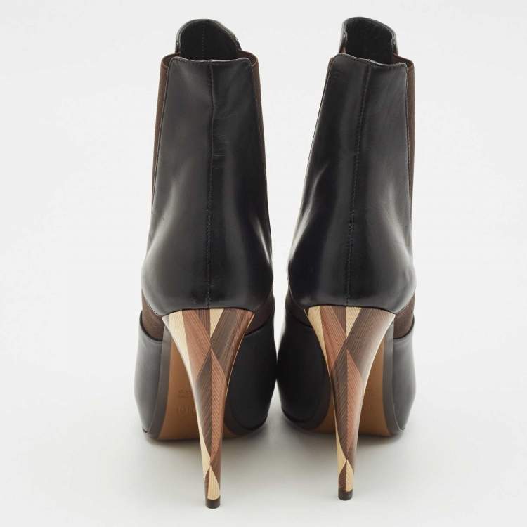 Pre Owned Fendi Black/Brown Leather and Stretch Fabric Platform Ankle Boots Size 40