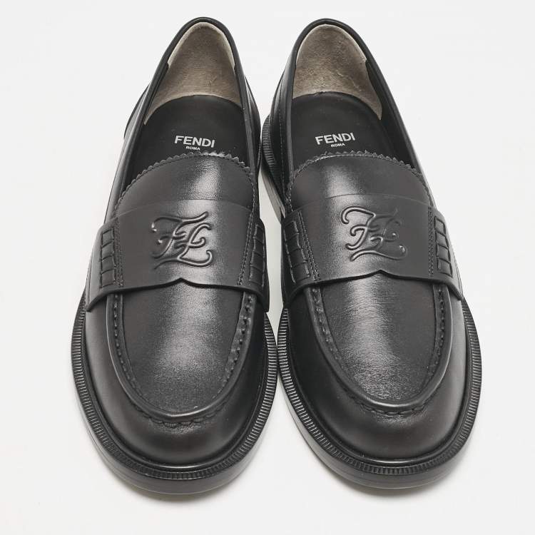 Pre Owned Fendi Black Leather Karligraphy Loafers Size 39.5