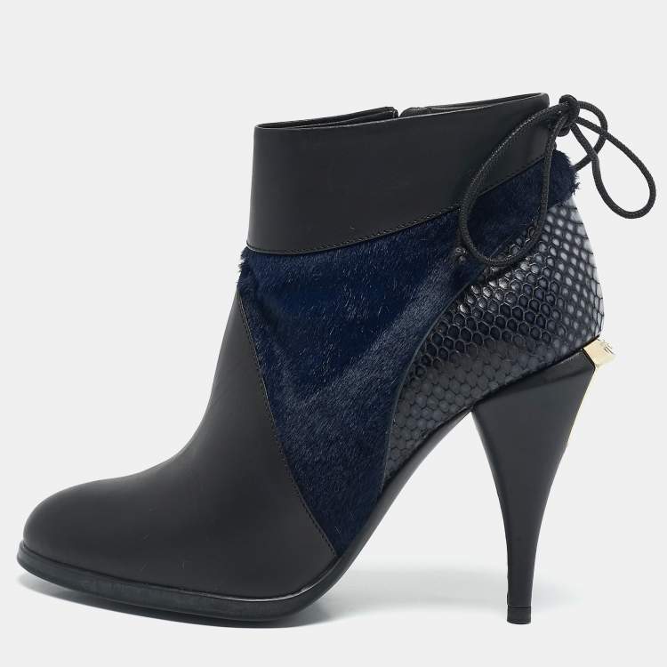 Pre Owned Fendi Black/Blue Leather and Calf Hair Ankle Booties Size 36.5