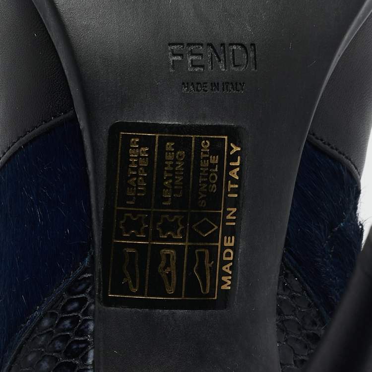 Pre Owned Fendi Black/Blue Leather and Calf Hair Ankle Booties Size 36.5
