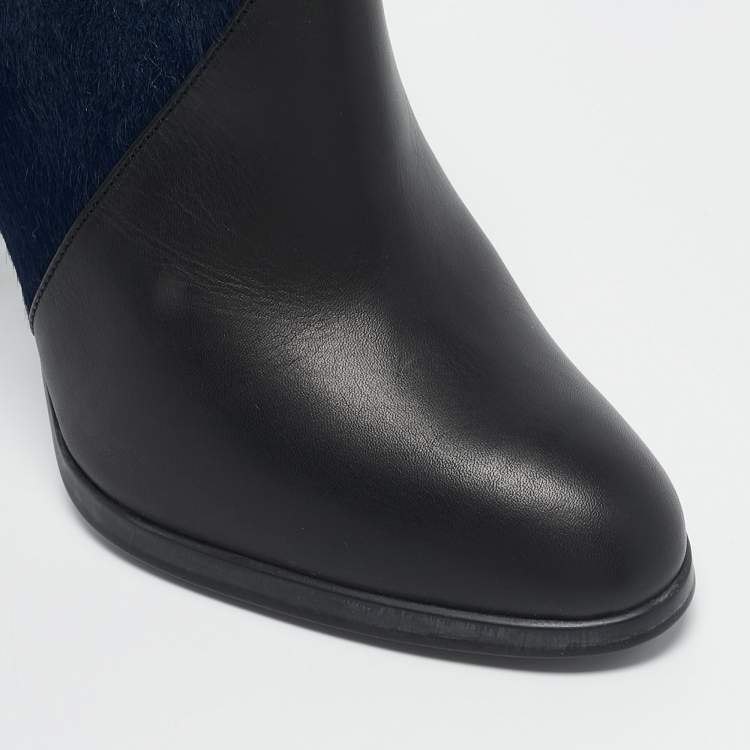 Pre Owned Fendi Black/Blue Leather and Calf Hair Ankle Booties Size 36.5