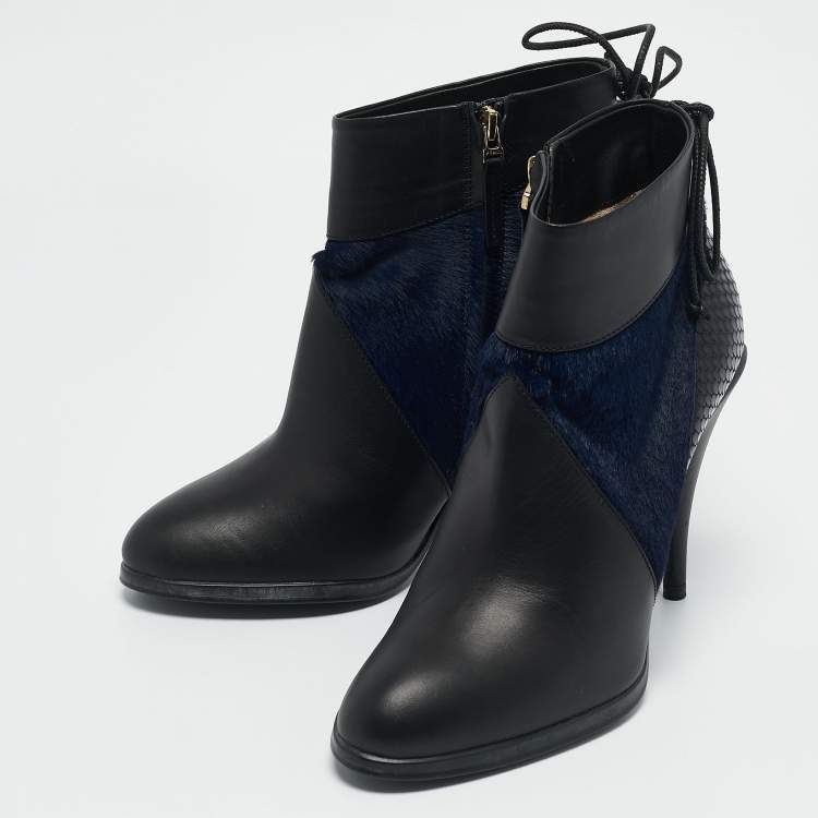 Pre Owned Fendi Black/Blue Leather and Calf Hair Ankle Booties Size 36.5