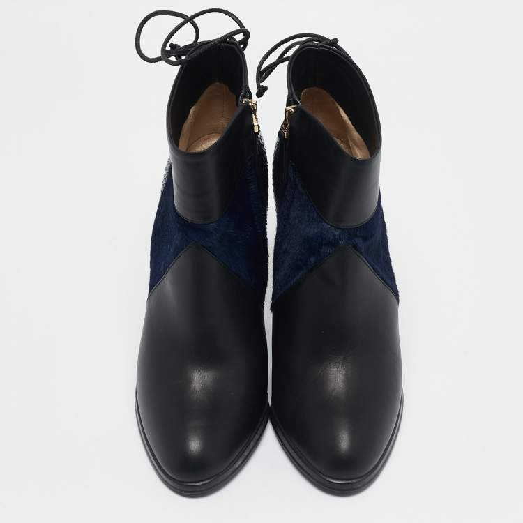 Pre Owned Fendi Black/Blue Leather and Calf Hair Ankle Booties Size 36.5