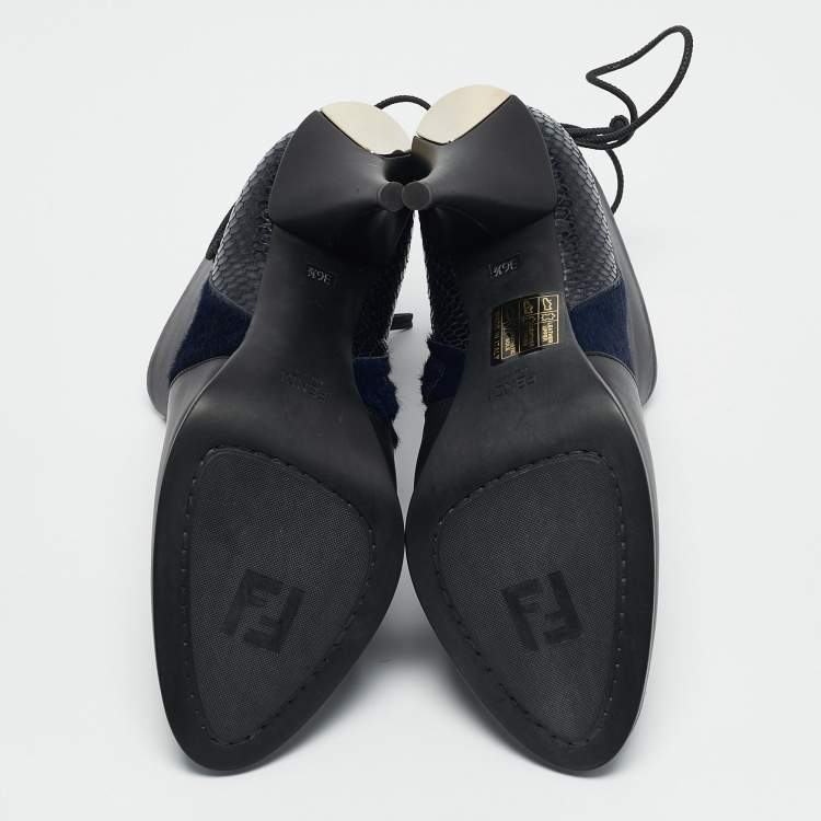 Pre Owned Fendi Black/Blue Leather and Calf Hair Ankle Booties Size 36.5