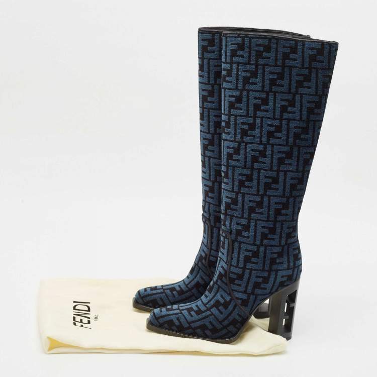 Pre Owned Fendi Blue/Black FF Chenille Jacquard Knee Length Boots Size 37.5