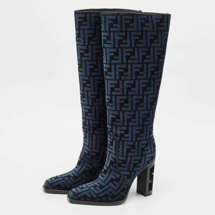 Pre Owned Fendi Blue/Black FF Chenille Jacquard Knee Length Boots Size 37.5