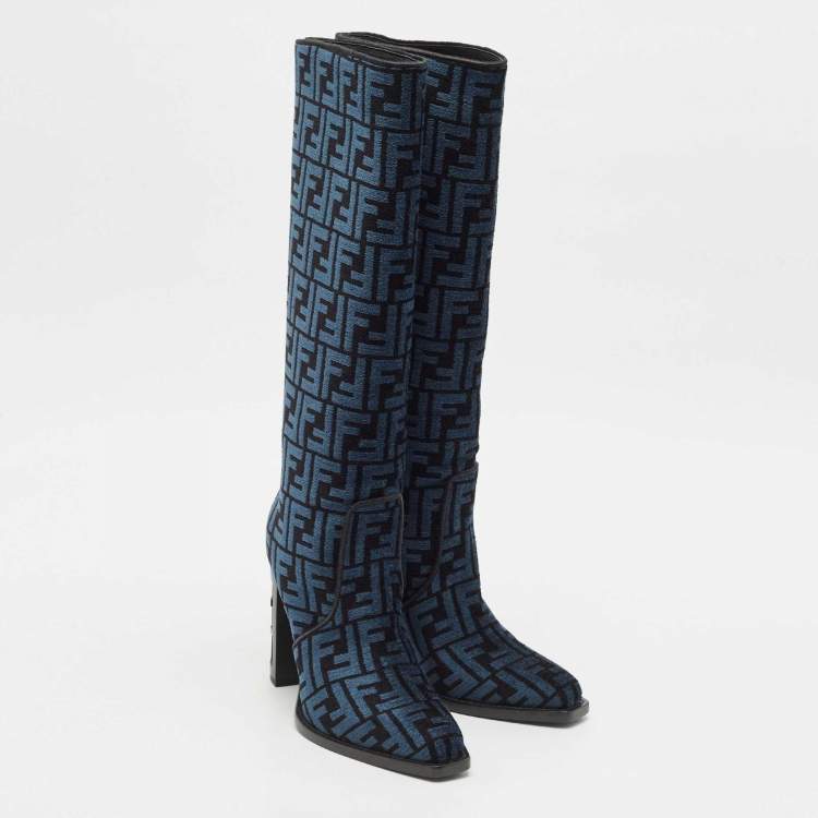 Pre Owned Fendi Blue/Black FF Chenille Jacquard Knee Length Boots Size 37.5