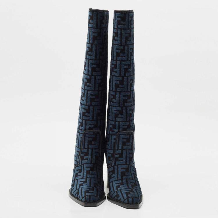 Pre Owned Fendi Blue/Black FF Chenille Jacquard Knee Length Boots Size 37.5